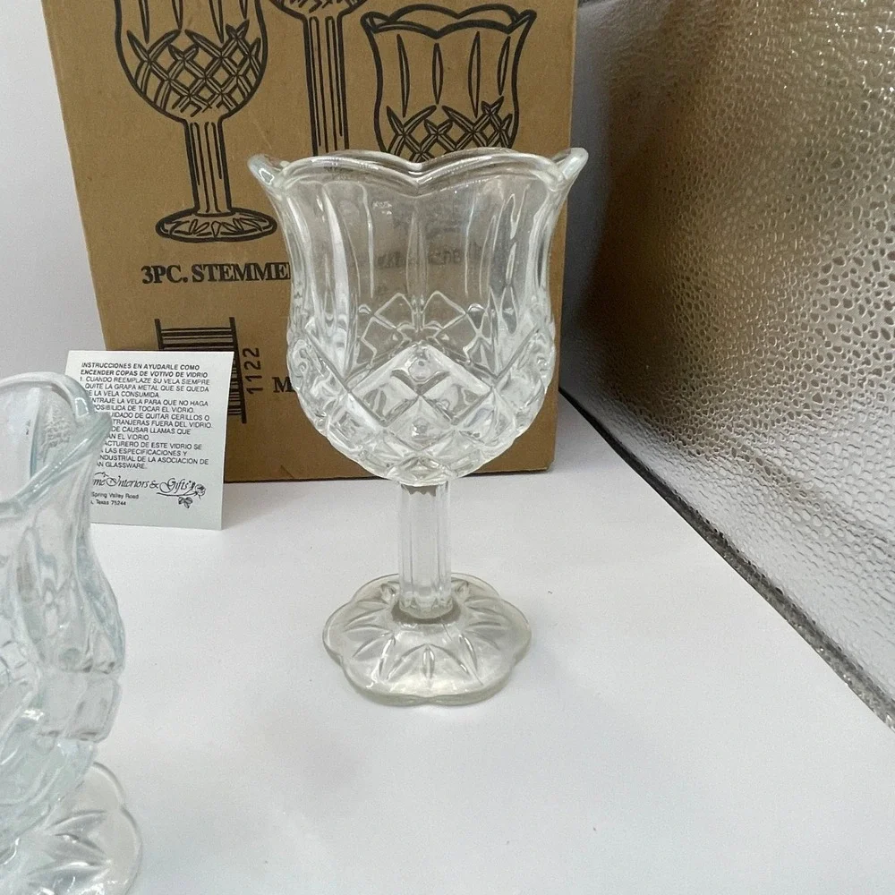 Home Interiors Stemmed Candle Holder Set 3pc Clear Glass Diamond Cut Vintage 90s